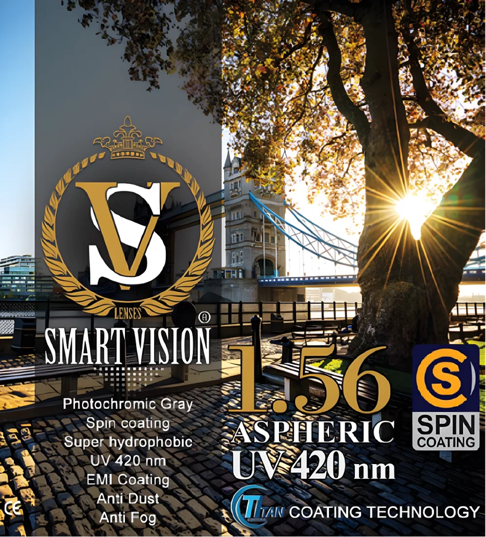 1.56 photochromic gray UV420 lens with spin coating, anti glare and advanced coating technology.