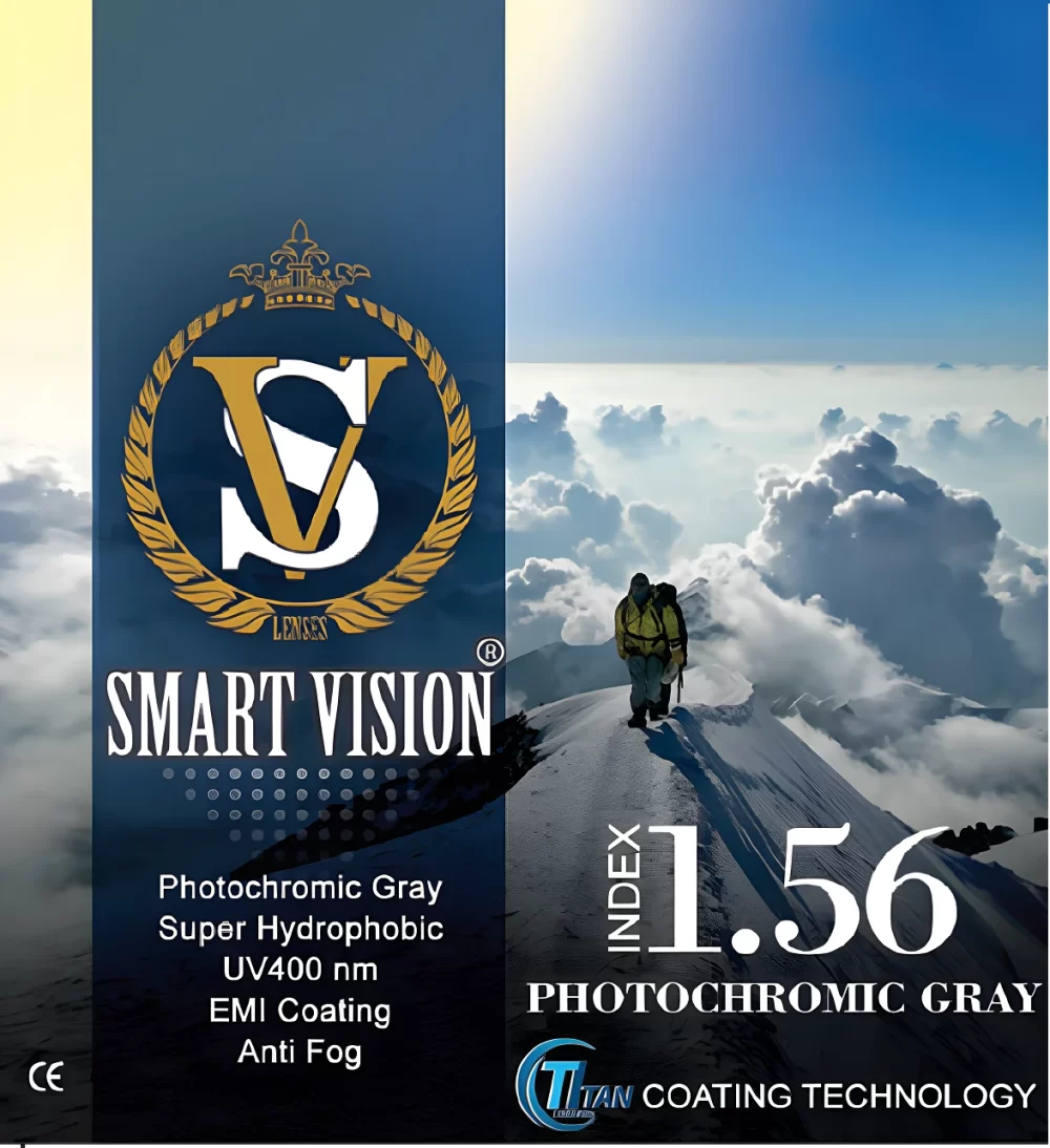 1.56 photochromic gray lens with UV400 protection and adaptive darkening technology.