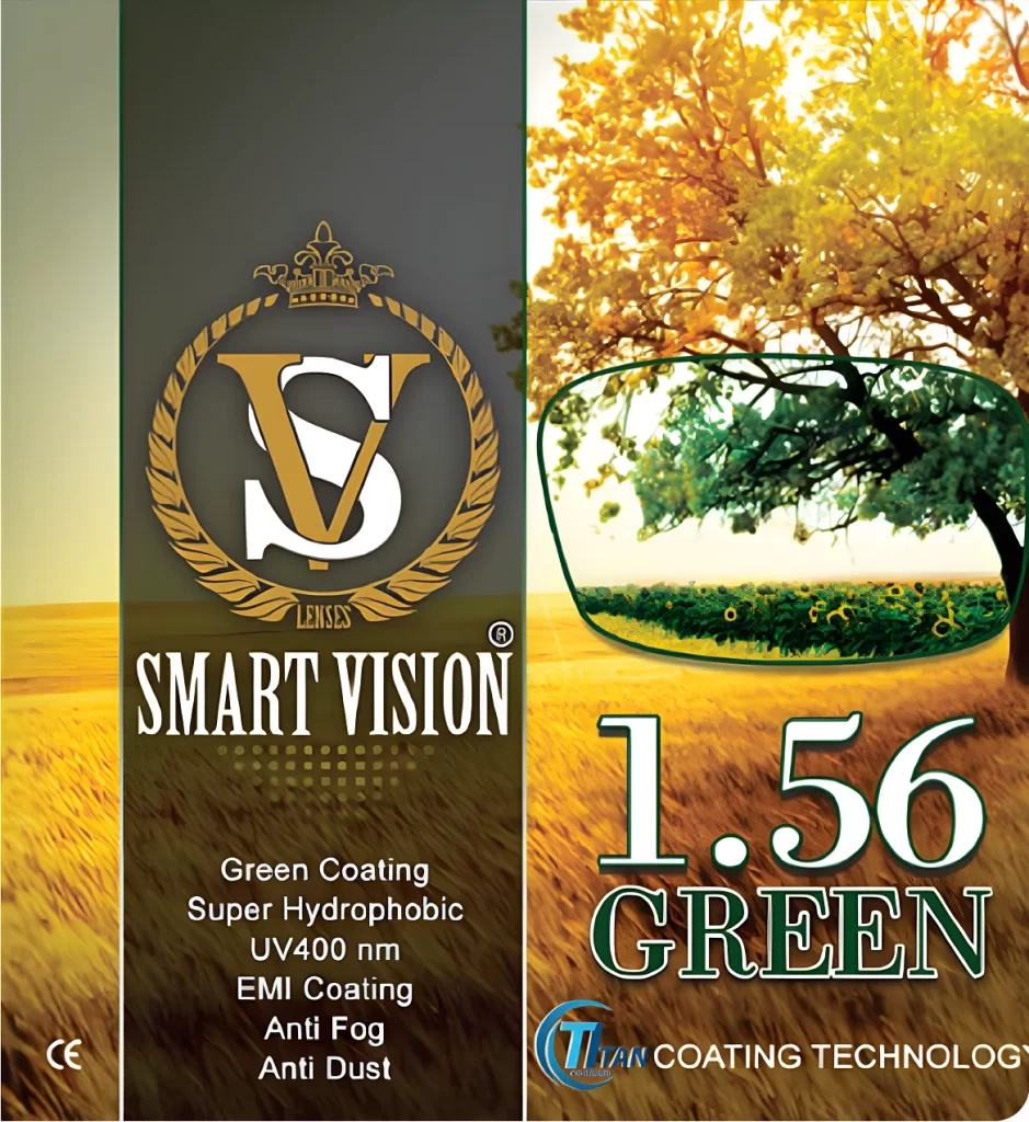 1.56 green coating aspheric lens with UV400 protection and advanced hydrophobic optical coating system.