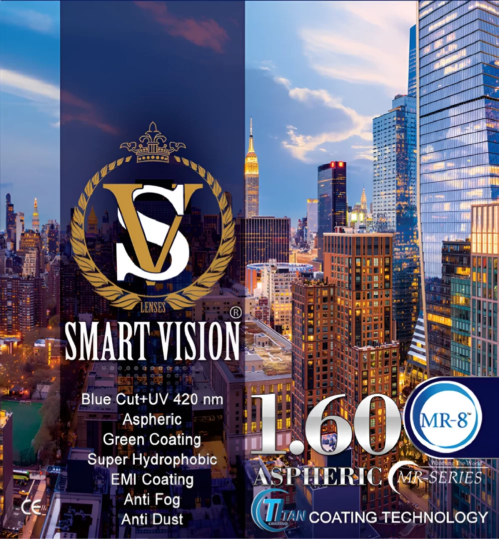 Blue cut UV420 1.60 MR8 aspheric lens with green coating and advanced optical protection.