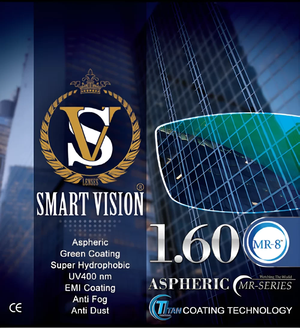 1.60 MR8 aspheric green coating lens with UV400 protection and advanced optical coatings.