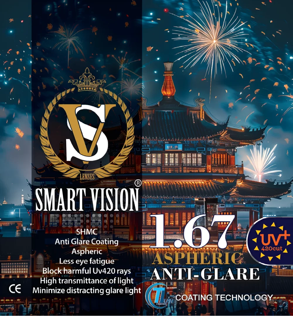Anti glare blue cut UV420 1.67 aspheric lens with SHMC coating and high visual clarity.