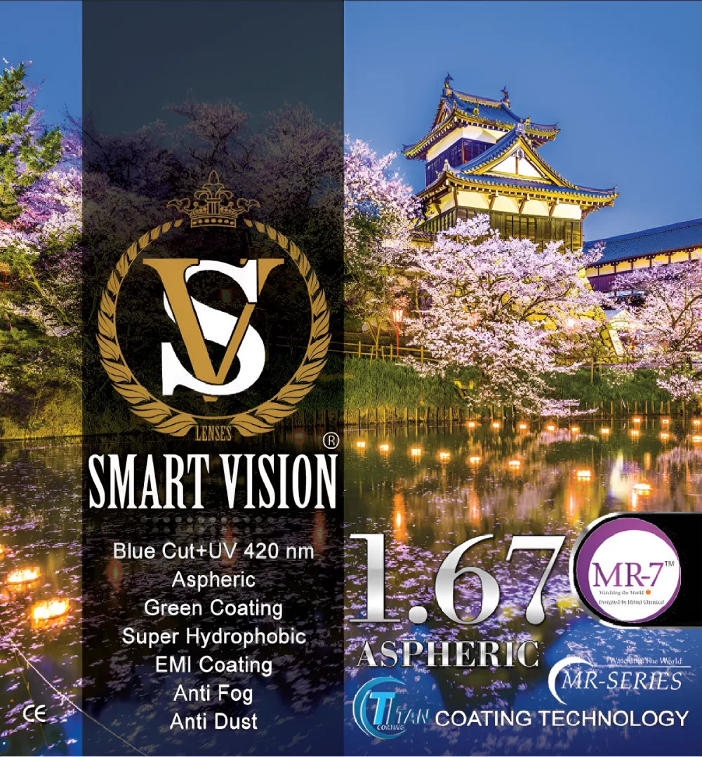 Blue cut UV420 Smart Vision 1.67 lens with aspheric design and advanced protective coatings.