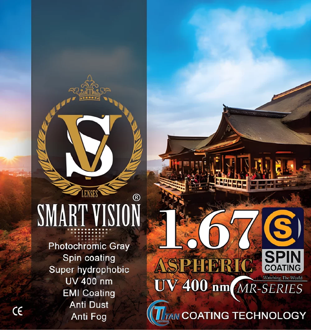 1.67 photochromic gray Smart Vision lens with spin coating and UV400 protection technology.