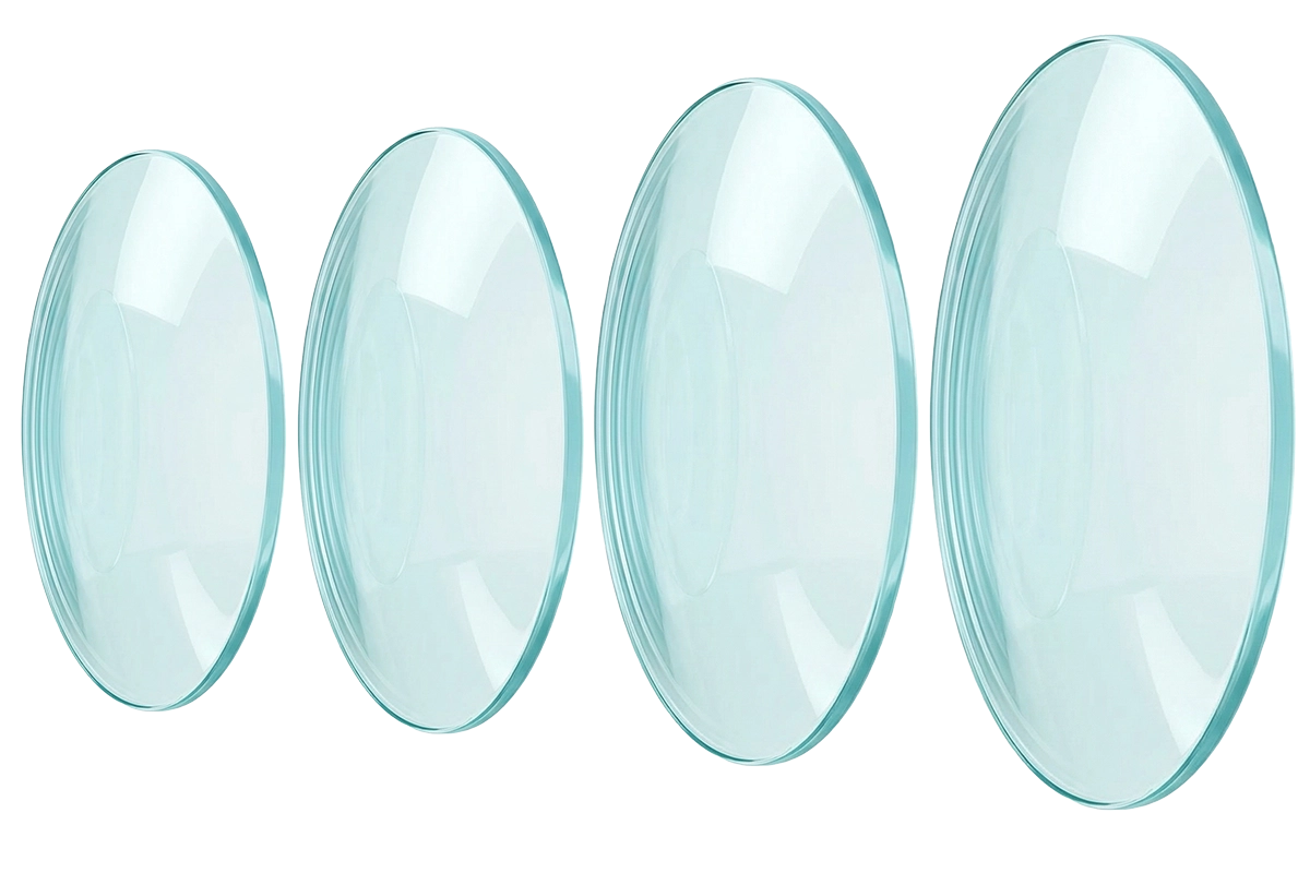 Progressive optical lenses showing layered refraction design and advanced eyewear manufacturing technology.