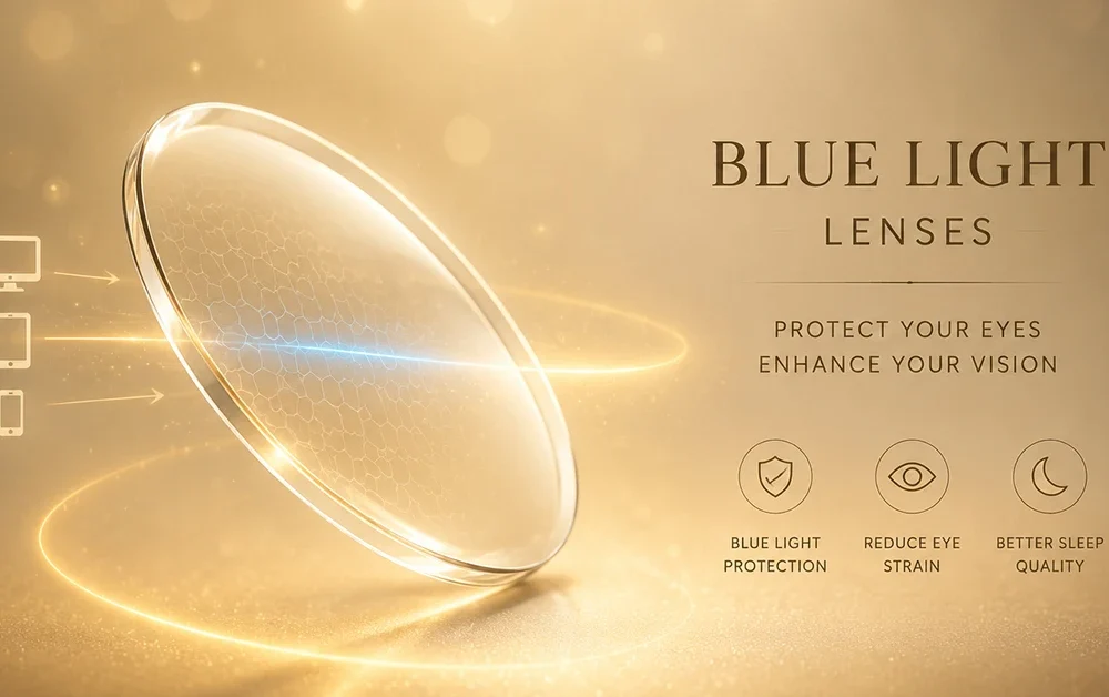 Blue light blocking optical lens on gold background highlighting eye protection and vision enhancement.