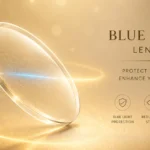Blue light blocking optical lens on gold background highlighting eye protection and vision enhancement.