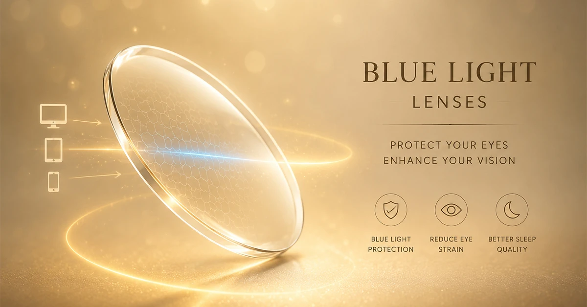 Blue light blocking optical lens on gold background highlighting eye protection and vision enhancement.