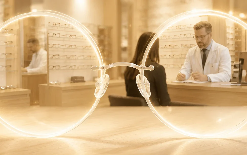 Cream-toned glowing eyeglasses in optical store with warm halo lighting and professional fitting scene.