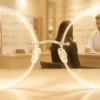 Cream-toned glowing eyeglasses in optical store with warm halo lighting and professional fitting scene.