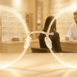 Cream-toned glowing eyeglasses in optical store with warm halo lighting and professional fitting scene.