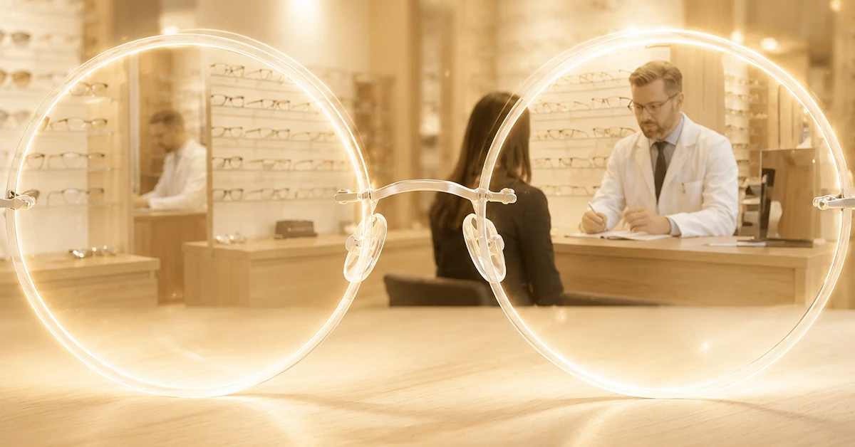 Cream-toned glowing eyeglasses in optical store with warm halo lighting and professional fitting scene.
