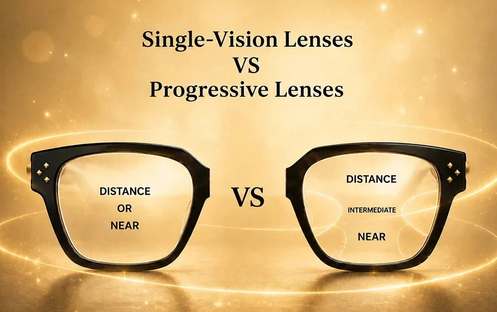 Comparison of single vision and progressive lenses with golden premium optical design and modern infographic style.