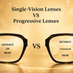 Comparison of single vision and progressive lenses with golden premium optical design and modern infographic style.
