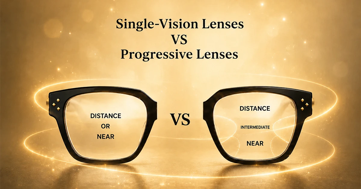 Comparison of single vision and progressive lenses with golden premium optical design and modern infographic style.