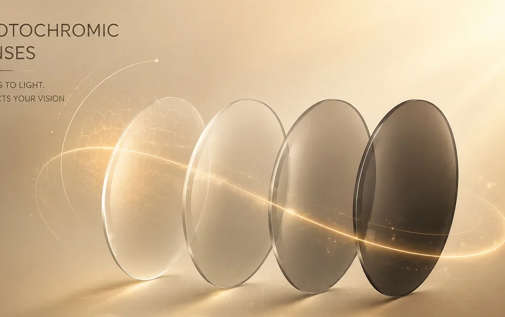 Photochromic optical lenses demonstrating light-adaptive technology and protection in warm cream-toned design.