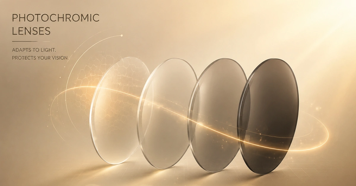 Photochromic optical lenses demonstrating light-adaptive technology and protection in warm cream-toned design.