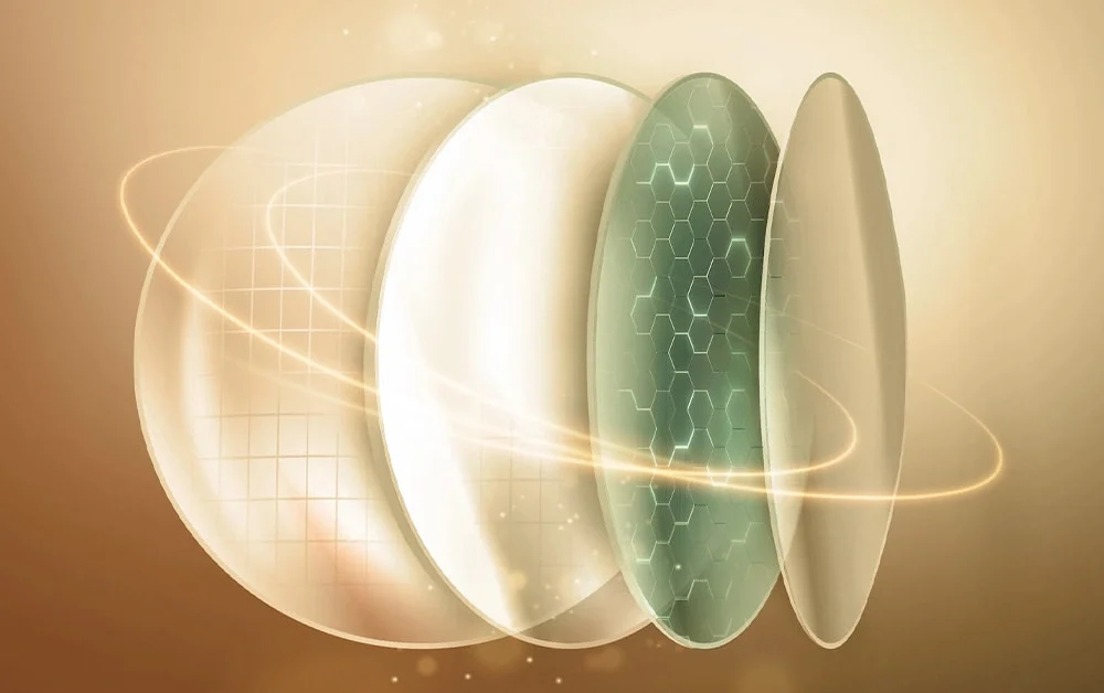 Premium layered optical lens design with advanced coating and warm cream lighting.