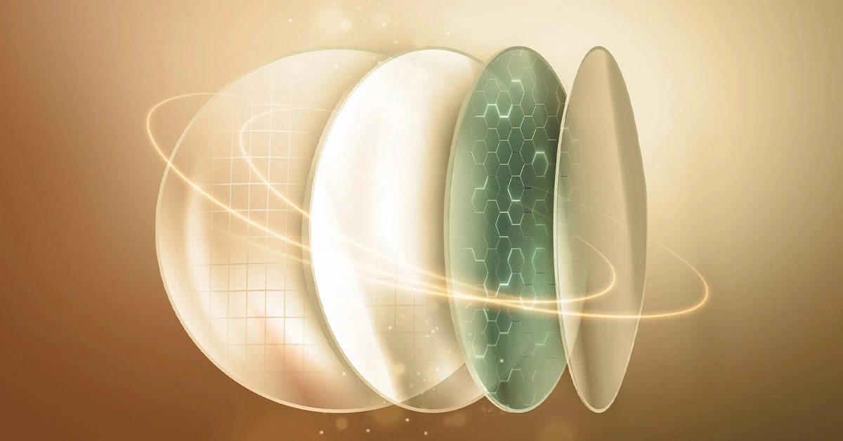 Premium layered optical lens design with advanced coating and warm cream lighting.