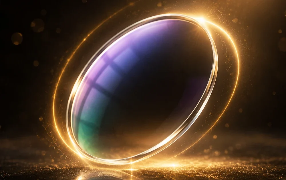 Premium anti-reflective optical lens with glowing golden halo and cinematic lighting effect.