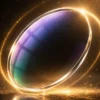 Premium anti-reflective optical lens with glowing golden halo and cinematic lighting effect.