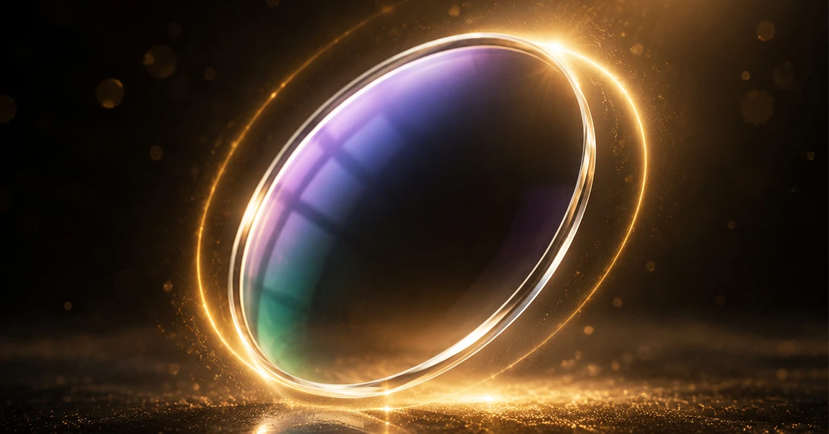Premium anti-reflective optical lens with glowing golden halo and cinematic lighting effect.