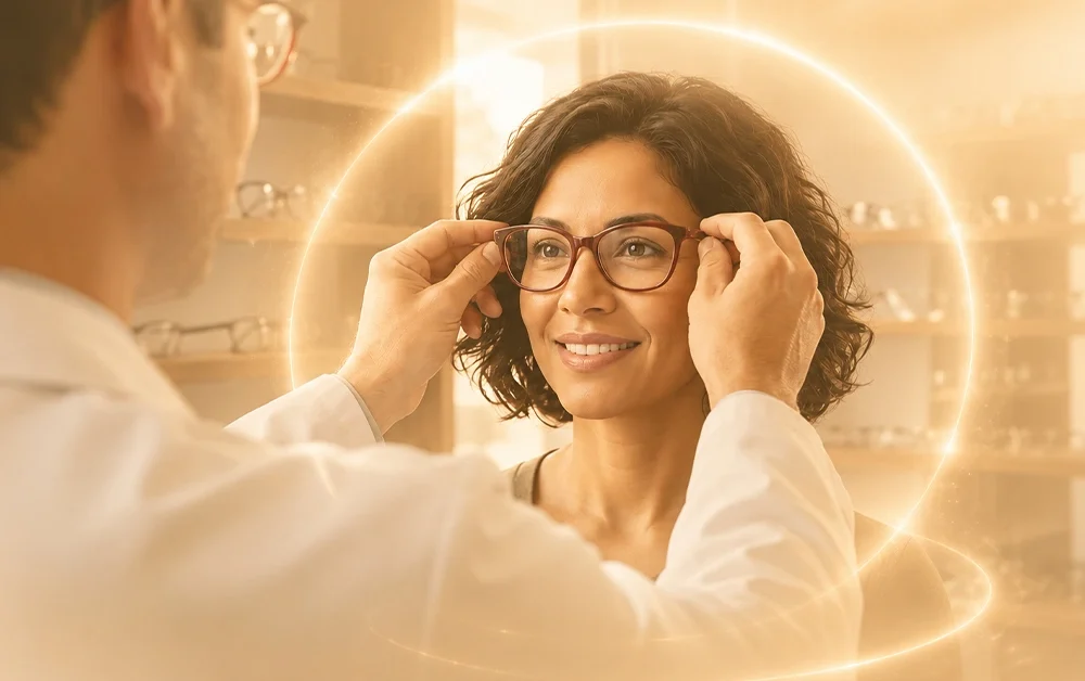 Optician adjusting eyeglasses on a customer in warm glowing optical store environment.