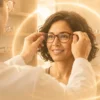 Optician adjusting eyeglasses on a customer in warm glowing optical store environment.