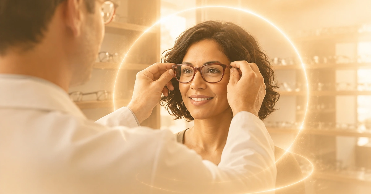 Optician adjusting eyeglasses on a customer in warm glowing optical store environment.