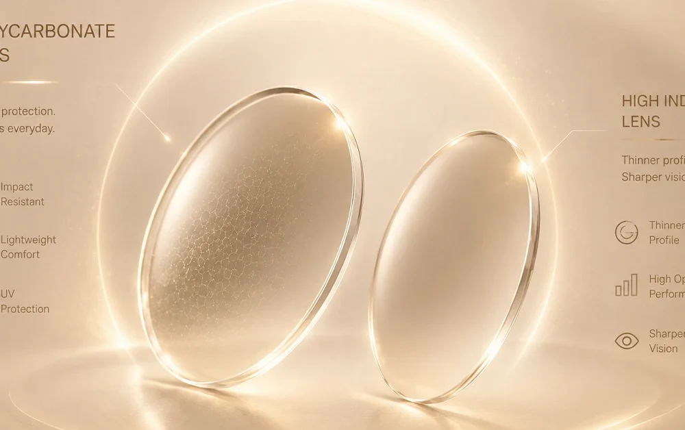 Comparison of polycarbonate and high index optical lenses with premium cream lighting and modern design.