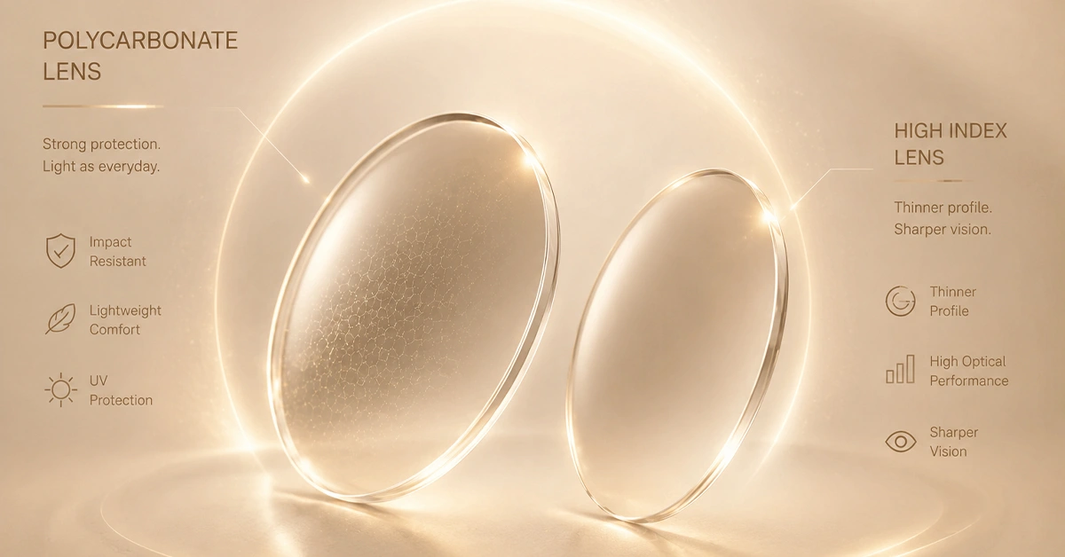 Comparison of polycarbonate and high index optical lenses with premium cream lighting and modern design.