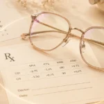Eyeglasses and prescription form on a beige optical workspace.
