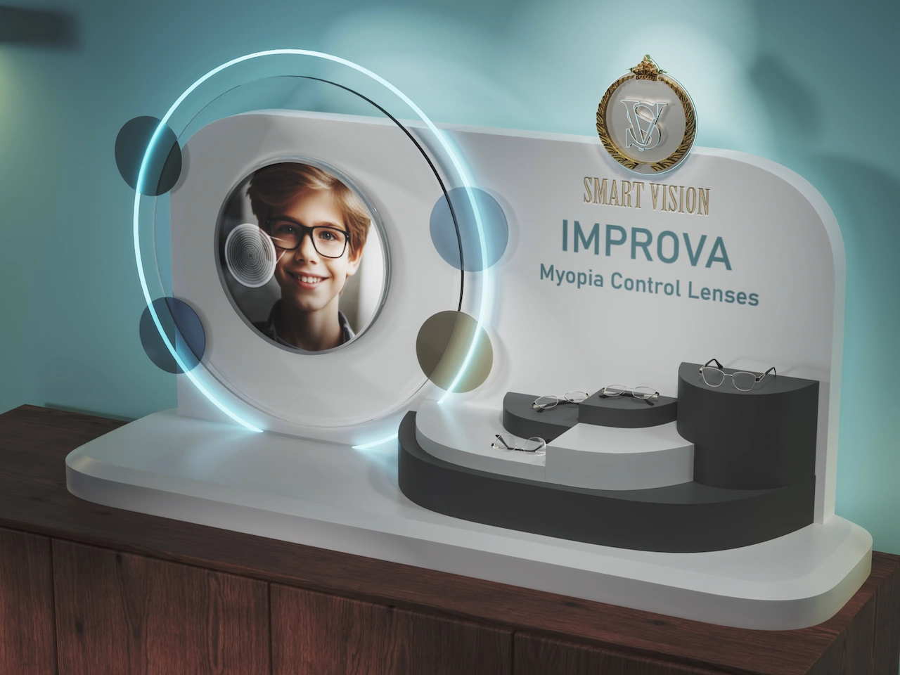 Smart Vision myopia control lens display for pediatric eye care marketing and optical branding.