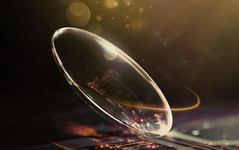 Glowing premium optical lens with warm golden halo light and reflective surface.