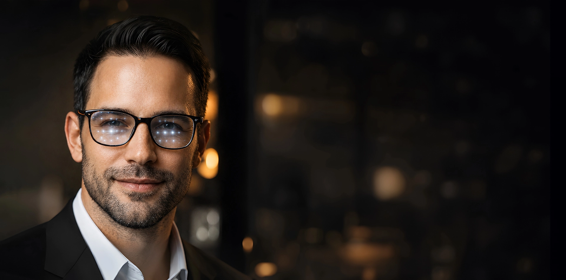 Stylish eyeglasses with blue light reflection in modern optical showroom portrait.
