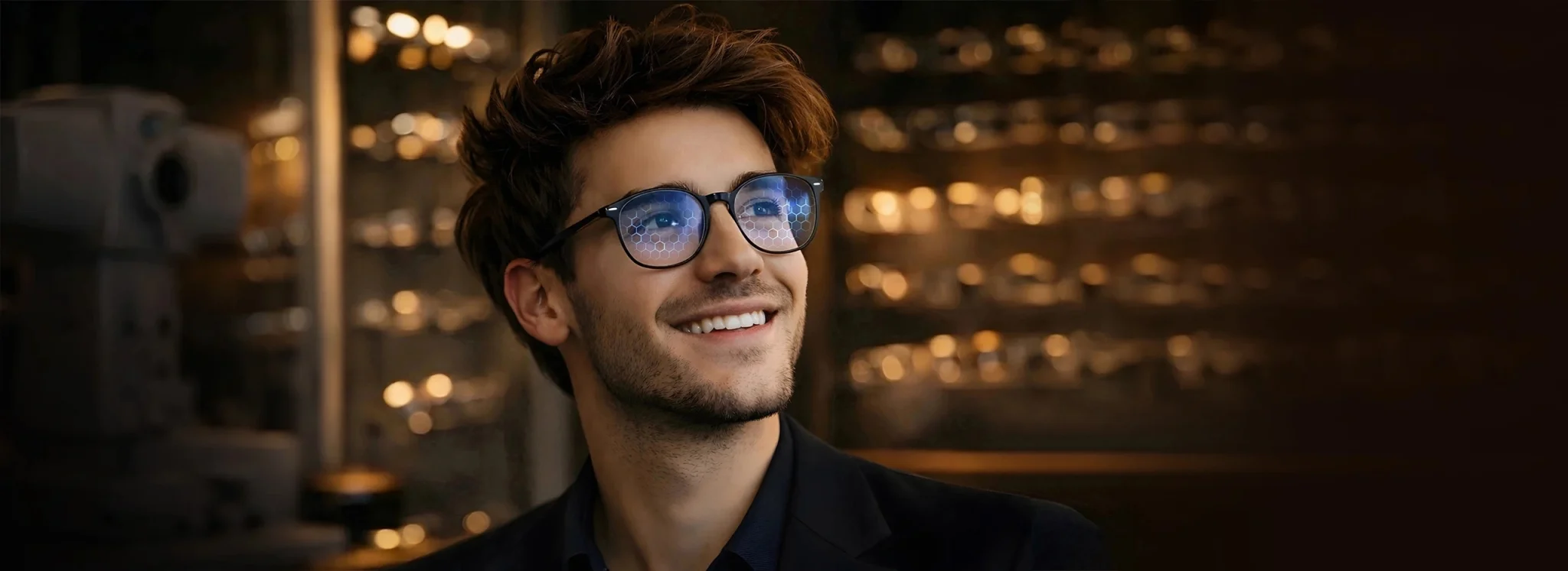 Stylish eyeglasses with blue light reflection in modern optical showroom portrait.