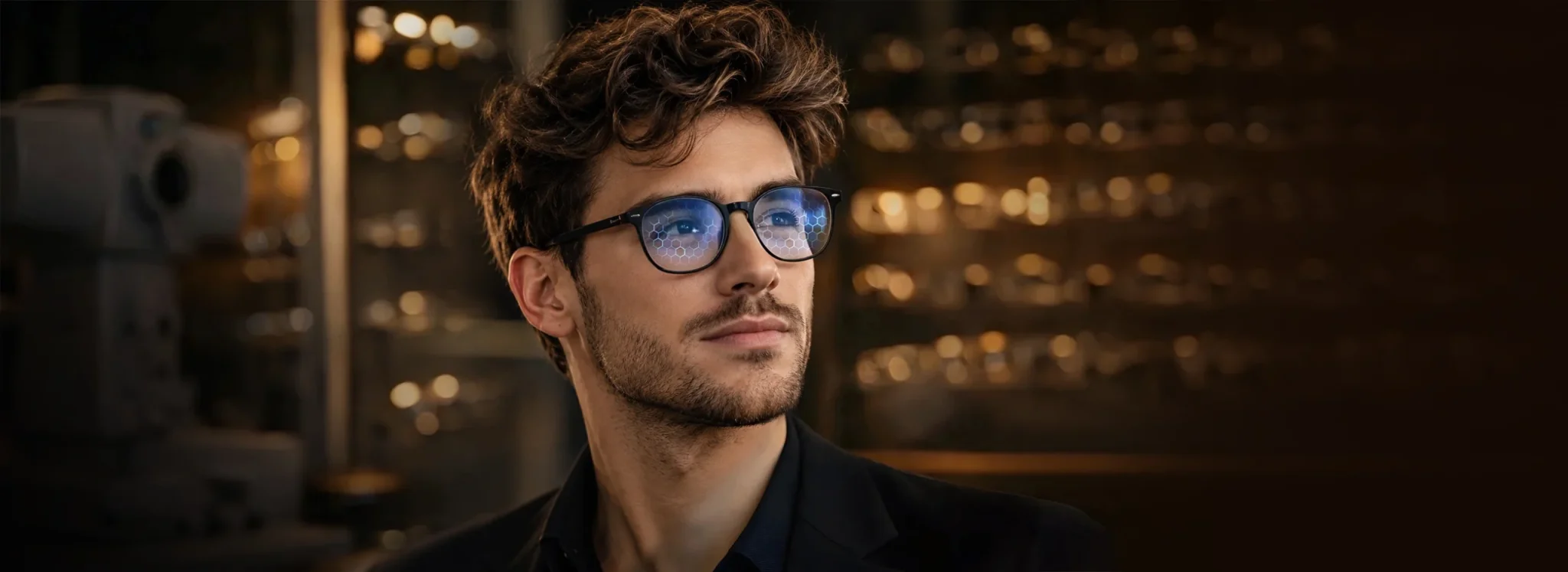 Stylish eyeglasses with blue light reflection in modern optical showroom portrait.